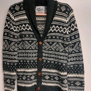 Topman Wool Blend Nordic Cozy Knit Cardigan in Black and White - Men's Small